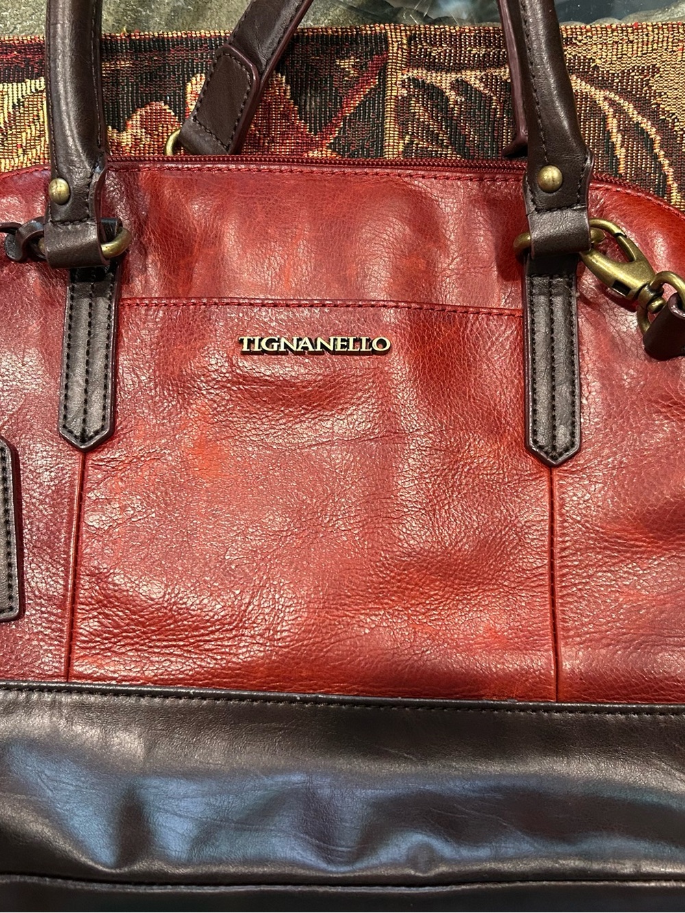Tignanello Bleecker Street Accordion Satchel Rouge Brown Leather Crossbody Bag